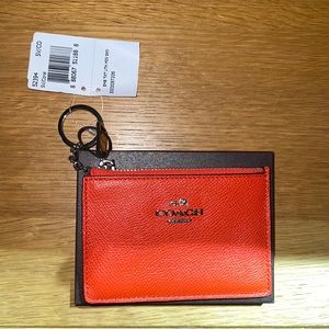 Coach Authentic Mini Skinny Embossed Leather ID Wallet Keychain Coral